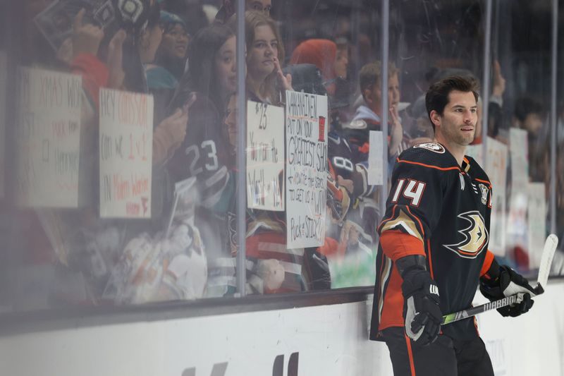 Dec 2, 2023; Anaheim, California, USA; Anaheim Ducks center Adam Henrique (14) prepares for a game against the Colorado Avalanche at Honda Center. Mandatory Credit: Yannick Peterhans-USA TODAY Sports