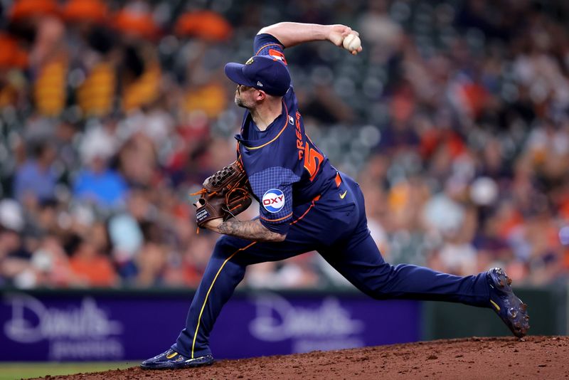 May 20, 2024; Houston, Texas, USA; Houston Astros relief pitcher Ryan Pressly (55) delivers a pitch against the Los Angeles Angels during the eighth inning at Minute Maid Park. Mandatory Credit: Erik Williams-USA TODAY Sports