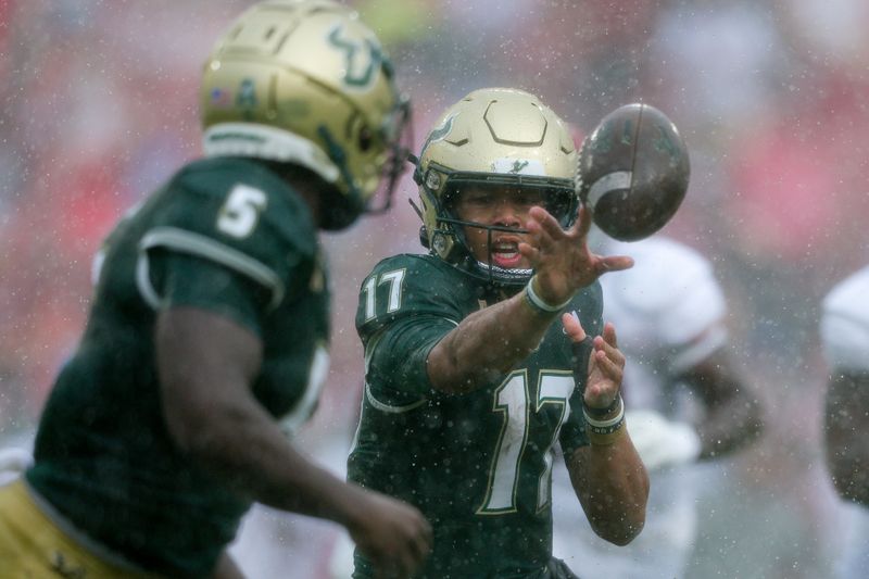 Sep 16, 2023; Tampa, Florida, USA;  South Florida Bulls quarterback Byrum Brown (17) hands off to South Florida Bulls running back Nay'Quan Wright (5) against the Alabama Crimson Tide in the second quarter at Raymond James Stadium. Mandatory Credit: Nathan Ray Seebeck-USA TODAY Sports