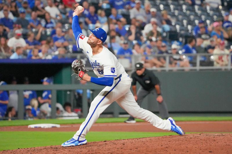 Sep 4, 2024; Kansas City, Missouri, USA; Kansas City Royals pitcher Lucas Erceg (60) delivers a pitch against the Cleveland Guardians in the ninth inning at Kauffman Stadium. Mandatory Credit: Denny Medley-Imagn Images