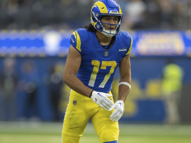 Los Angeles Rams wide receiver Puka Nacua (17) takes his stance during an NFL football game against the Arizona Cardinals, Sunday, Oct. 15, 2023, in Inglewood, Calif. (AP Photo/Kyusung Gong)