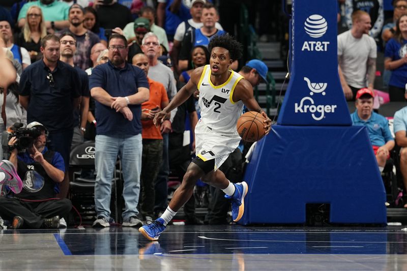 DALLAS, TX - OCTOBER 28: Collin Sexton #2 of the Utah Jazz dribbles the ball during the game against the Dallas Mavericks on October 28, 2024 at American Airlines Center in Dallas, Texas. NOTE TO USER: User expressly acknowledges and agrees that, by downloading and or using this photograph, User is consenting to the terms and conditions of the Getty Images License Agreement. Mandatory Copyright Notice: Copyright 2024 NBAE (Photo by Glenn James/NBAE via Getty Images)