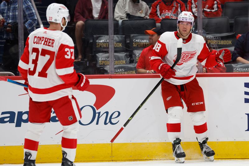 Sep 28, 2023; Washington, District of Columbia, USA; Detroit Red Wings right wing Daniel Sprong (88) celebrates after scoring a goal against the Washington Capitals in the second period at Capital One Arena. Mandatory Credit: Geoff Burke-USA TODAY Sports