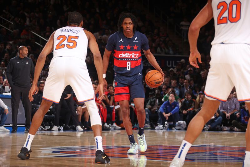 NEW YORK, NY - NOVEMBER 18: Bub Carrington #8 of the Washington Wizards dribbles the ball during the game against the New York Knicks on November 18, 2024 at Madison Square Garden in New York City, New York.  NOTE TO USER: User expressly acknowledges and agrees that, by downloading and or using this photograph, User is consenting to the terms and conditions of the Getty Images License Agreement. Mandatory Copyright Notice: Copyright 2024 NBAE  (Photo by Nathaniel S. Butler/NBAE via Getty Images)