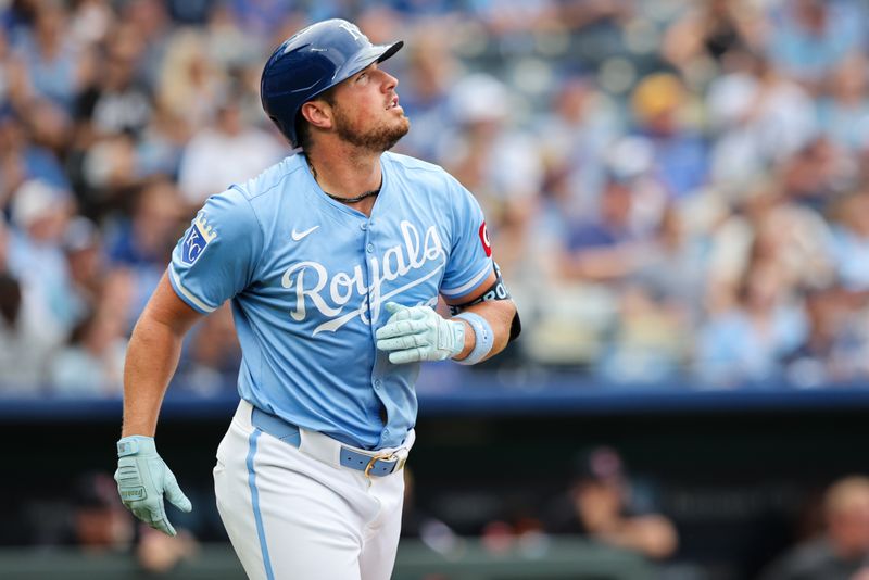 Jun 28, 2023; Kansas City, Missouri, USA; Kansas City Royals outfielder Hunter Renfroe (16) watches a pop fly during the second inning against the Cleveland Guardians at Kauffman Stadium. Mandatory Credit: William Purnell-USA TODAY Sports