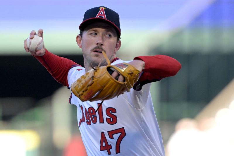 Jul 30, 2024; Anaheim, California, USA;  Los Angeles Angels starting pitcher Griffin Canning (47) delivers to the plate in the first inning against the Colorado Rockies at Angel Stadium. Mandatory Credit: Jayne Kamin-Oncea-USA TODAY Sports