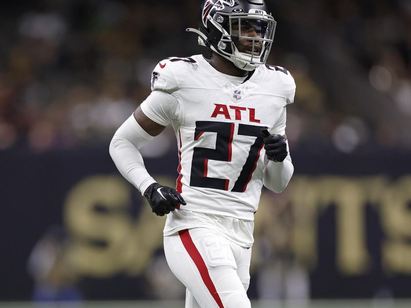 Atlanta Falcons safety Richie Grant (27) during an NFL football game against the New Orleans Saints, Sunday, Jan. 7, 2024, in New Orleans. (AP Photo/Tyler Kaufman)