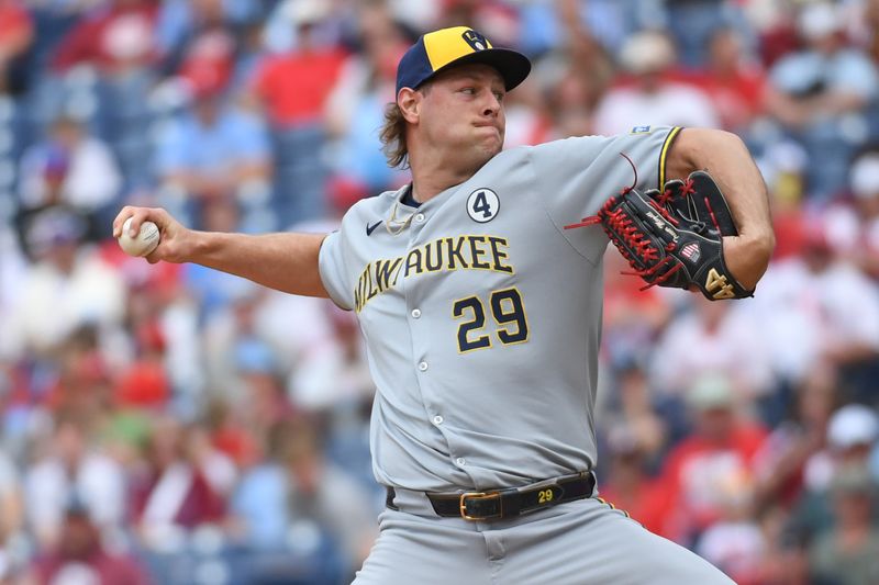 Jun 1, 2025; Philadelphia, Pennsylvania, USA; Milwaukee Brewers pitcher Trevor Megill (29) throws a pitch 
during the ninth inning against the Philadelphia Phillies  at Citizens Bank Park. Mandatory Credit: Eric Hartline-Imagn Images