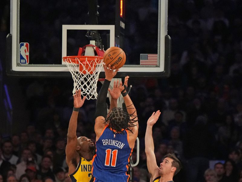 NEW YORK, NY - FEBRUARY 10: Jalen Brunson #11 of the New York Knicks drives to the basket during the game against the Indiana Pacers on February 10, 2024 at Madison Square Garden in New York City, New York.  NOTE TO USER: User expressly acknowledges and agrees that, by downloading and or using this photograph, User is consenting to the terms and conditions of the Getty Images License Agreement. Mandatory Copyright Notice: Copyright 2024 NBAE  (Photo by Jesse D. Garrabrant/NBAE via Getty Images)