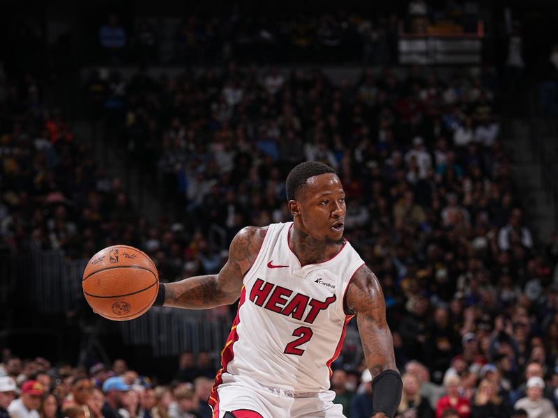 DENVER, CO - FEBRUARY 29: Terry Rozier #2 of the Miami Heat handles the ball during the game against the Denver Nuggets on February 29, 2024 at the Ball Arena in Denver, Colorado. NOTE TO USER: User expressly acknowledges and agrees that, by downloading and/or using this Photograph, user is consenting to the terms and conditions of the Getty Images License Agreement. Mandatory Copyright Notice: Copyright 2024 NBAE (Photo by Bart Young/NBAE via Getty Images)