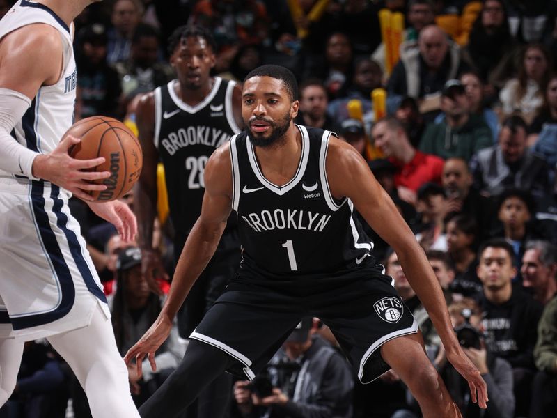 BROOKLYN, NY - MARCH 4: Mikal Bridges #1 of the Brooklyn Nets plays defense against the Memphis Grizzlies on March 4, 2024 at Barclays Center in Brooklyn, New York. NOTE TO USER: User expressly acknowledges and agrees that, by downloading and or using this Photograph, user is consenting to the terms and conditions of the Getty Images License Agreement. Mandatory Copyright Notice: Copyright 2024 NBAE (Photo by Nathaniel S. Butler/NBAE via Getty Images)