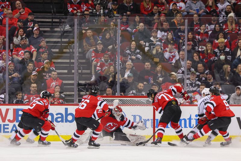 Feb 23, 2023; Newark, New Jersey, USA; New Jersey Devils goaltender Vitek Vanecek (41) makes a save against the New Jersey Devils during the second period at Prudential Center. Mandatory Credit: Ed Mulholland-USA TODAY Sports