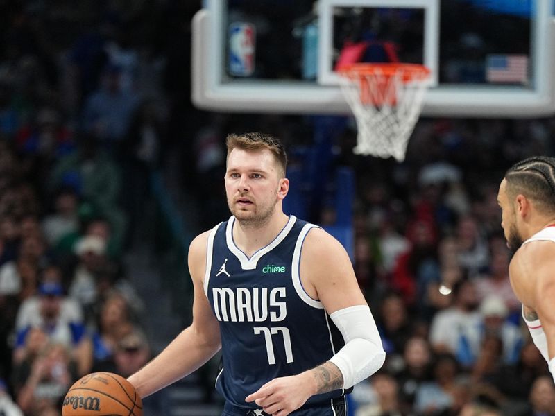 DALLAS, TX - OCTOBER 31: Luka Doncic #77 of the Dallas Mavericks dribbles the ball during the game against the Houston Rockets on October 31, 2024 at American Airlines Center in Dallas, Texas. NOTE TO USER: User expressly acknowledges and agrees that, by downloading and or using this photograph, User is consenting to the terms and conditions of the Getty Images License Agreement. Mandatory Copyright Notice: Copyright 2024 NBAE (Photo by Glenn James/NBAE via Getty Images)