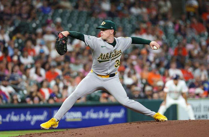 May 27, 2025; Houston, Texas, USA;Athletics starting pitcher JP Sears (38) pitches against the Houston Astros in the first inning  at Daikin Park. Mandatory Credit: Thomas Shea-Imagn Images