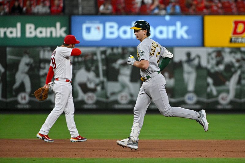 Aug 16, 2023; St. Louis, Missouri, USA;  Oakland Athletics pinch hitter Tyler Soderstrom (37) runs the bases after hitting a solo home run against the St. Louis Cardinals during the ninth inning at Busch Stadium. Mandatory Credit: Jeff Curry-USA TODAY Sports