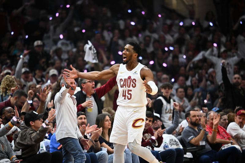 CLEVELAND, OHIO - APRIL 22: Donovan Mitchell #45 of the Cleveland Cavaliers celebrates during the first quarter of game two of the Eastern Conference First Round Playoffs against the Orlando Magic at Rocket Mortgage Fieldhouse on April 22, 2024 in Cleveland, Ohio. NOTE TO USER: User expressly acknowledges and agrees that, by downloading and or using this photograph, User is consenting to the terms and conditions of the Getty Images License Agreement. (Photo by Jason Miller/Getty Images)