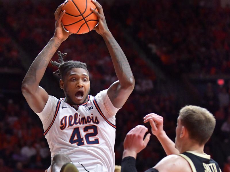 Mar 5, 2024; Champaign, Illinois, USA; Illinois Fighting Illini forward Dain Dainja (42) grabs a rebound in front of Purdue Boilermakers guard Braden Smith (2) during the first half at State Farm Center. Mandatory Credit: Ron Johnson-USA TODAY Sports