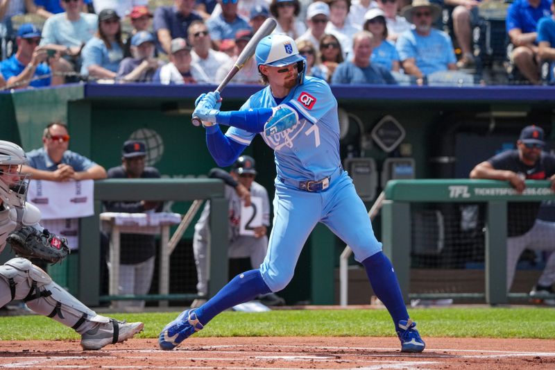 May 31, 2025; Kansas City, Missouri, USA; Kansas City Royals shortstop Bobby Witt Jr. (7) at bat against the Detroit Tigers during the first inning at Kauffman Stadium. Mandatory Credit: Denny Medley-Imagn Images
