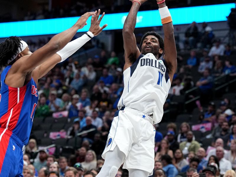 DALLAS, TX - OCTOBER 20: Kyrie Irving #11 of the Dallas Mavericks shoots the ball during the game against the Detroit Pistons on October 20, 2023 at the American Airlines Center in Dallas, Texas. NOTE TO USER: User expressly acknowledges and agrees that, by downloading and or using this photograph, User is consenting to the terms and conditions of the Getty Images License Agreement. Mandatory Copyright Notice: Copyright 2023 NBAE (Photo by Glenn James/NBAE via Getty Images)