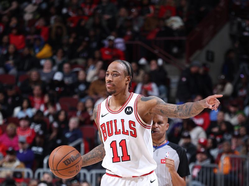 CHICAGO, IL - MARCH 18:  DeMar DeRozan #11 of the Chicago Bulls handles the ball during the game against the Portland Trail Blazers on March 18, 2024 at United Center in Chicago, Illinois. NOTE TO USER: User expressly acknowledges and agrees that, by downloading and or using this photograph, User is consenting to the terms and conditions of the Getty Images License Agreement. Mandatory Copyright Notice: Copyright 2024 NBAE (Photo by Jeff Haynes/NBAE via Getty Images)