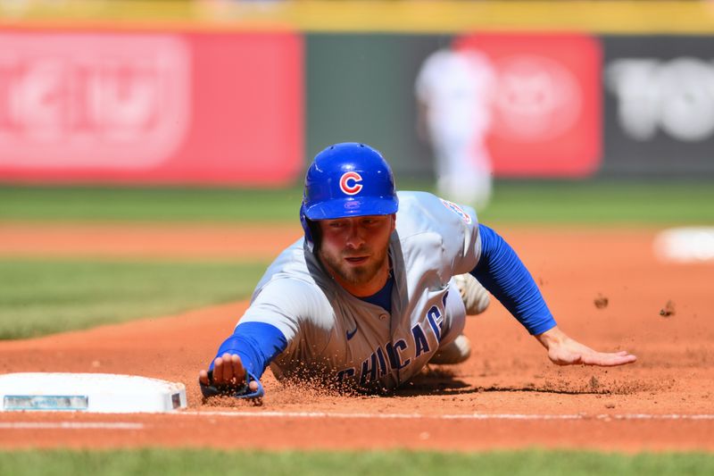 Apr 14, 2024; Seattle, Washington, USA; Chicago Cubs first baseman Michael Busch (29) returns to first base during the second inning against the Seattle Mariners at T-Mobile Park. Mandatory Credit: Steven Bisig-USA TODAY Sports