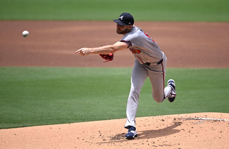 Jul 14, 2024; San Diego, California, USA; Atlanta Braves starting pitcher Chris Sale (51) pitches against the San Diego Padres during the first inning at Petco Park. Mandatory Credit: Orlando Ramirez-USA TODAY Sports