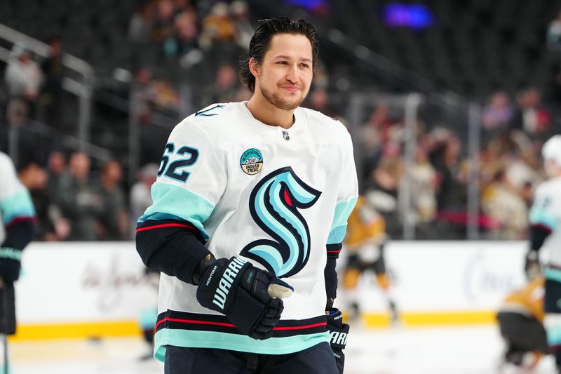 Jan 31, 2026; Las Vegas, Nevada, USA; Seattle Kraken defenseman Brandon Montour (62) warms up before a game against the Vegas Golden Knights at T-Mobile Arena. Mandatory Credit: Stephen R. Sylvanie-Imagn Images