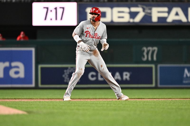 Sep 27, 2024; Washington, District of Columbia, USA;  Philadelphia Phillies outfielder Nick Castellanos (8) leads off second base during the second inning against the Philadelphia Phillies at Nationals Park. Mandatory Credit: James A. Pittman-Imagn Images