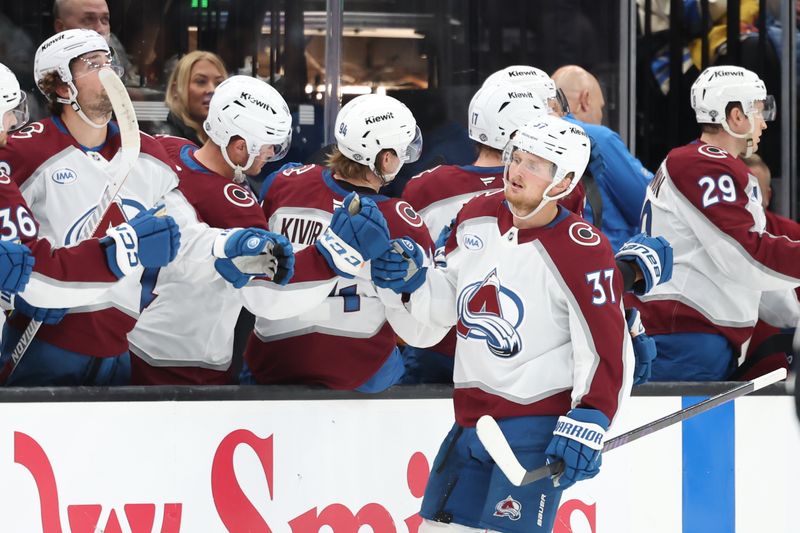 Oct 24, 2024; Salt Lake City, Utah, USA; Colorado Avalanche center Casey Mittelstadt (37) celebrates a goal against the Utah Hockey Club during the second period at Delta Center. Mandatory Credit: Rob Gray-Imagn Images