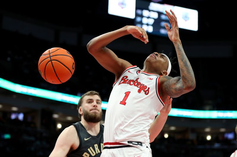 Mar 1, 2026; Columbus, Ohio, USA; Ohio State Buckeyes forward Amare Bynum (1) is fouled during the second half against the Purdue Boilermakers at Value City Arena. Mandatory Credit: Joseph Maiorana-Imagn Images