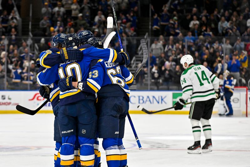 Dec 27, 2023; St. Louis, Missouri, USA;  St. Louis Blues defenseman Marco Scandella (6) is congratulated by teammates after scoring against the Dallas Stars during the second period at Enterprise Center. Mandatory Credit: Jeff Curry-USA TODAY Sports