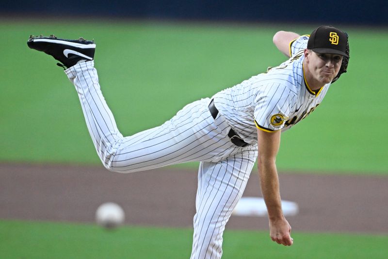 Apr 29, 2025; San Diego, California, USA;  San Diego Padres starting pitcher Nick Pivetta (27) delivers during the first inning against the San Francisco Giants at Petco Park. Mandatory Credit: Denis Poroy-Imagn Images
