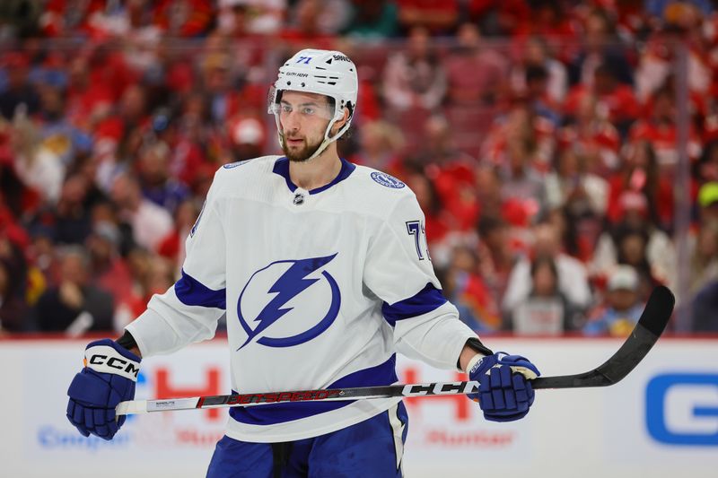 Apr 21, 2024; Sunrise, Florida, USA; Tampa Bay Lightning center Anthony Cirelli (71) looks on against the Florida Panthers during the second period in game one of the first round of the 2024 Stanley Cup Playoffs at Amerant Bank Arena. Mandatory Credit: Sam Navarro-USA TODAY Sports