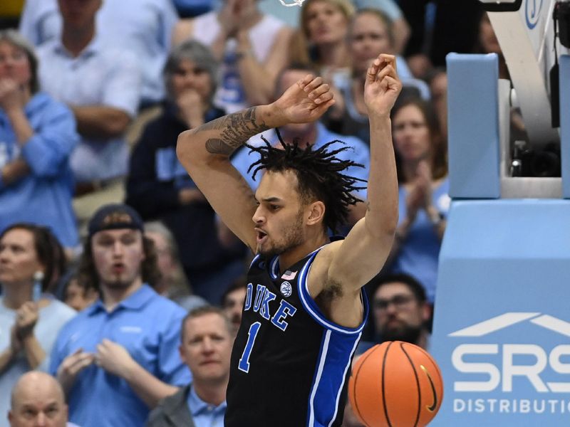 Mar 4, 2023; Chapel Hill, North Carolina, USA;  Duke Blue Devils center Dereck Lively II (1) scores in the second half at Dean E. Smith Center. Mandatory Credit: Bob Donnan-USA TODAY Sports