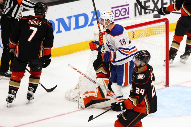 Feb 9, 2024; Anaheim, California, USA; Edmonton Oilers left wing Zach Hyman (18) celebrates after scoring a goal against the Anaheim Ducks during the third period of a game at Honda Center. Mandatory Credit: Jessica Alcheh-USA TODAY Sports