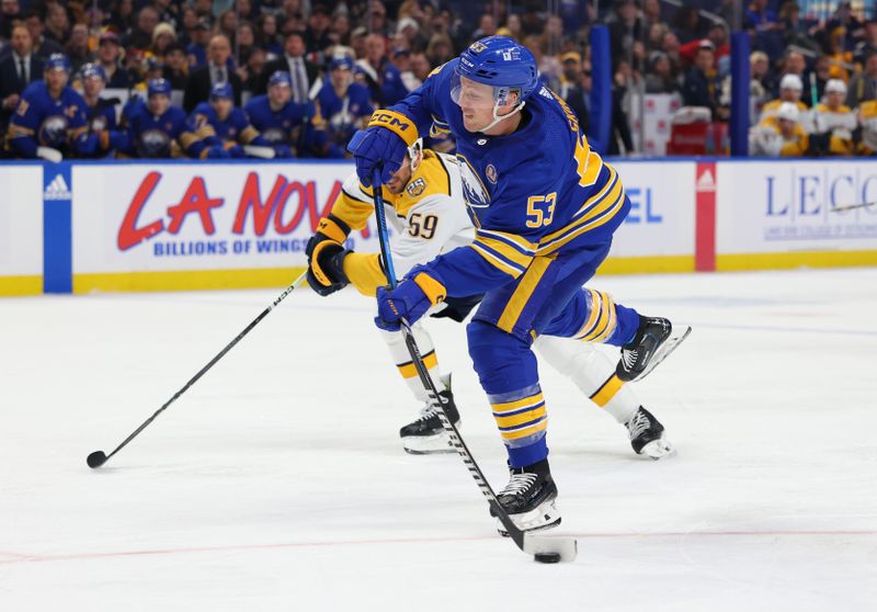 Dec 3, 2023; Buffalo, New York, USA;  Buffalo Sabres left wing Jeff Skinner (53) takes a shot on goal during the second period against the Nashville Predators at KeyBank Center. Mandatory Credit: Timothy T. Ludwig-USA TODAY Sports