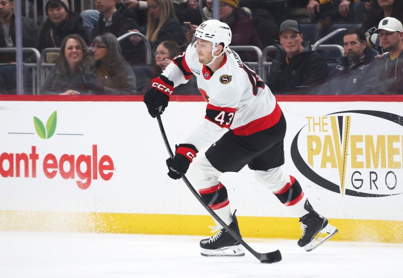 Feb 2, 2026; Pittsburgh, Pennsylvania, USA;  Ottawa Senators defenseman Tyler Kleven (43) passes the puck against the Pittsburgh Penguins during the first period at PPG Paints Arena. Mandatory Credit: Charles LeClaire-Imagn Images