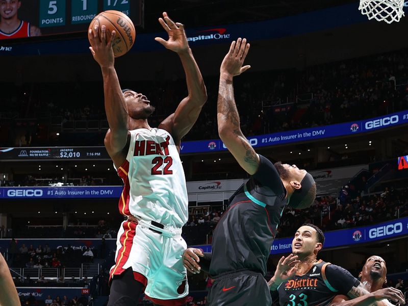 WASHINGTON, DC -? FEBRUARY 2: Jimmy Butler #22 of the Miami Heat drives to the basket during the game against the Washington Wizards on February 2, 2024 at Capital One Arena in Washington, DC. NOTE TO USER: User expressly acknowledges and agrees that, by downloading and or using this Photograph, user is consenting to the terms and conditions of the Getty Images License Agreement. Mandatory Copyright Notice: Copyright 2024 NBAE (Photo by Kenny Giarla/NBAE via Getty Images)