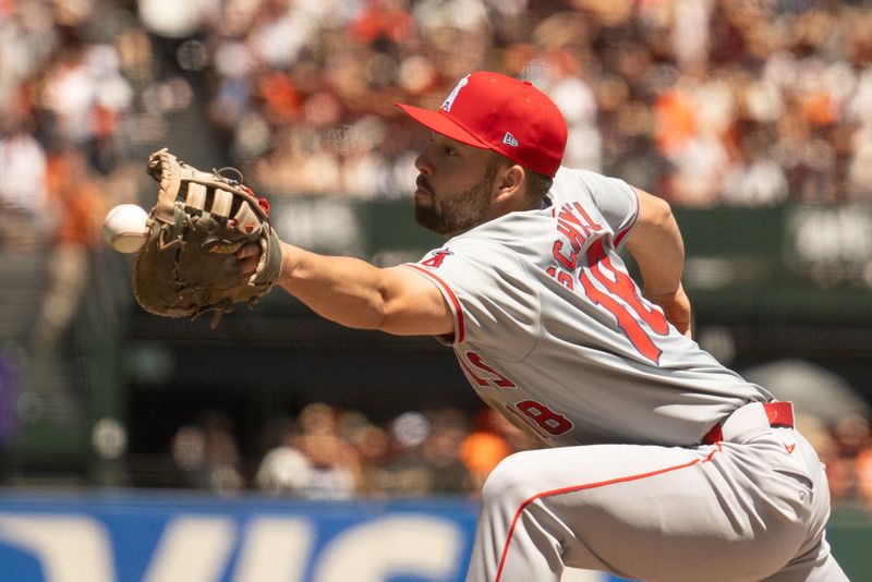 Jun 16, 2024; San Francisco, California, USA;  Los Angeles Angels first base Nolan Schanuel (18) attempts to catch the ball during the fourth inning against the San Francisco Giants at Oracle Park. Mandatory Credit: Stan Szeto-USA TODAY Sports