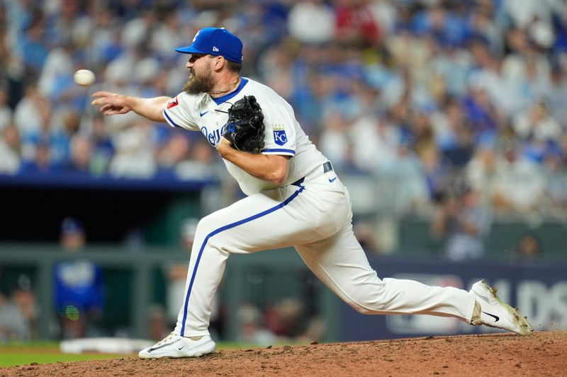 Oct 9, 2024; Kansas City, Missouri, USA; Kansas City Royals pitcher John Schreiber (46) pitches in the in the sixth inning against the New York Yankees during game three of the NLDS for the 2024 MLB Playoffs at Kauffman Stadium. Mandatory Credit: Jay Biggerstaff -Imagn Images