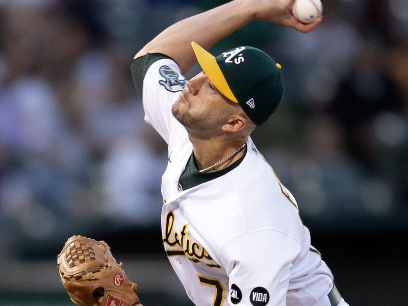 Aug 19, 2023; Oakland, California, USA; Oakland Athletics pitcher Lucas Erceg (70) pitches against the Baltimore Orioles during the sixth inning at Oakland-Alameda County Coliseum. Mandatory Credit: D. Ross Cameron-USA TODAY Sports