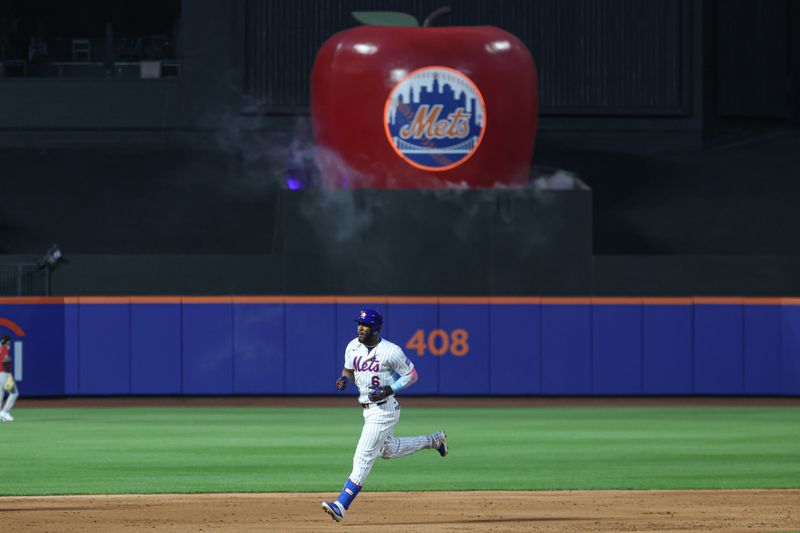 Apr 29, 2025; New York City, New York, USA; New York Mets designated hitter Starling Marte (6) rounds the bases after his two run home run during the third inning against the Arizona Diamondbacks at Citi Field. Mandatory Credit: Vincent Carchietta-Imagn Images