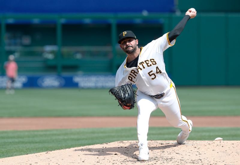 Jun 17, 2024; Pittsburgh, Pennsylvania, USA;  Injured Pittsburgh Pirates pitcher Martin Perez (54) throws off of the mound before the Pirates play the Cincinnati Reds at PNC Park. Mandatory Credit: Charles LeClaire-USA TODAY Sports