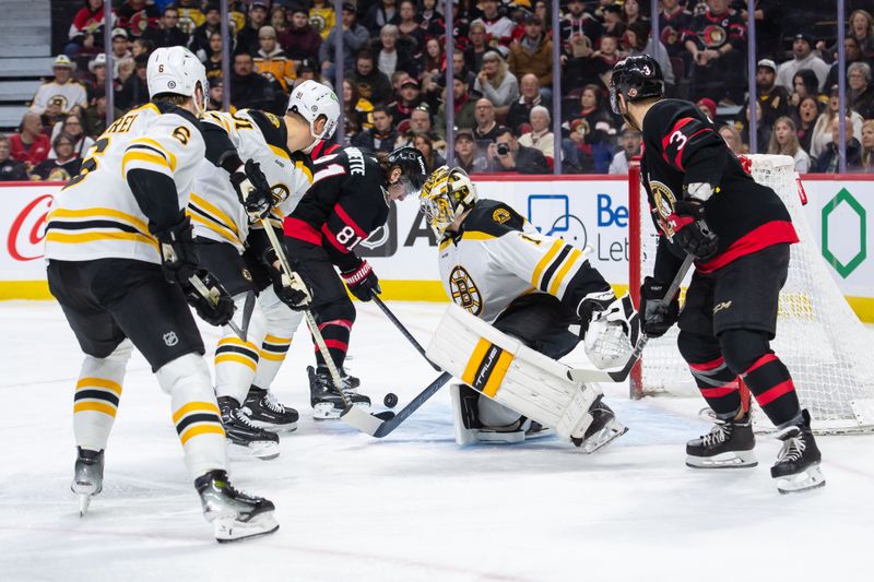 Jan 18, 2025; Ottawa, Ontario, CAN; Ottawa Senators right wing Adam Gaudette (81) shoots and scores against Boston Bruins goalie Jeremy Swayman (1) in the first period at the Canadian Tire Centre. Mandatory Credit: Marc DesRosiers-Imagn Images