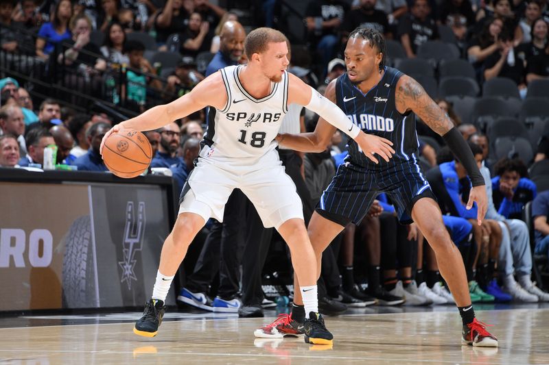 SAN ANTONIO, TX - OCTOBER 9: Malachi Flynn #18 of the San Antonio Spurs handles the ball during the game against the Orlando Magic during a NBA preseason game on October 9, 2024 at the Frost Bank Center in San Antonio, Texas. NOTE TO USER: User expressly acknowledges and agrees that, by downloading and or using this photograph, user is consenting to the terms and conditions of the Getty Images License Agreement. Mandatory Copyright Notice: Copyright 2024 NBAE (Photos by Michael Gonzales/NBAE via Getty Images)