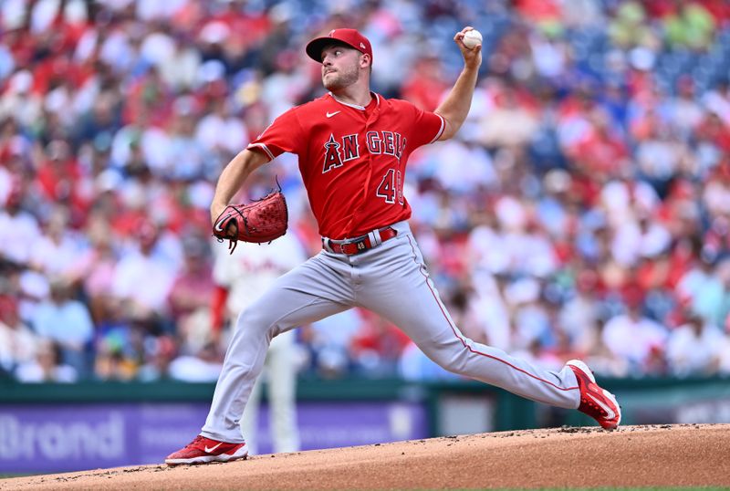 Aug 30, 2023; Philadelphia, Pennsylvania, USA; Los Angeles Angels starting pitcher Reid Detmers (48) throws a pitch against the Philadelphia Phillies in the first inning at Citizens Bank Park. Mandatory Credit: Kyle Ross-USA TODAY Sports