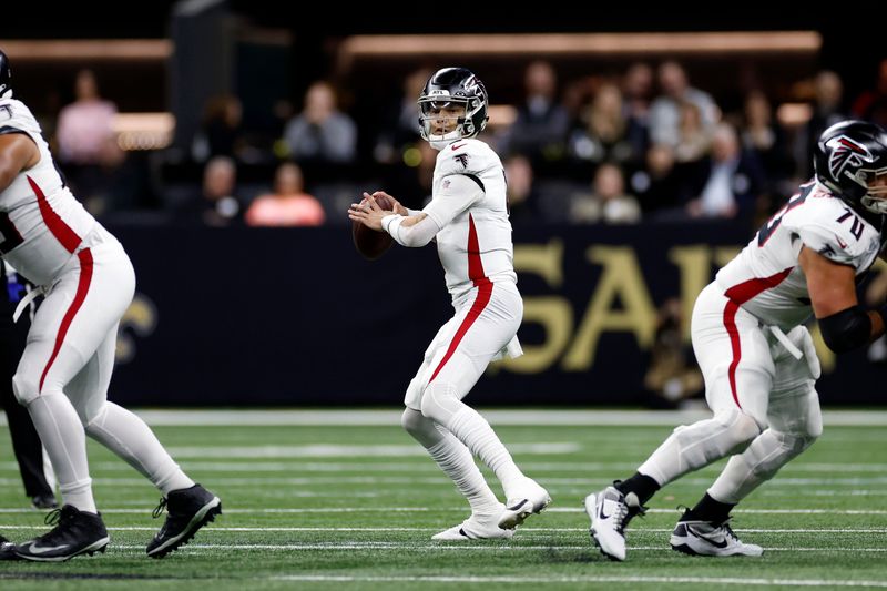 Atlanta Falcons quarterback Desmond Ridder (9) during an NFL football game against the New Orleans Saints, Sunday, Jan. 7, 2024, in New Orleans. (AP Photo/Tyler Kaufman)