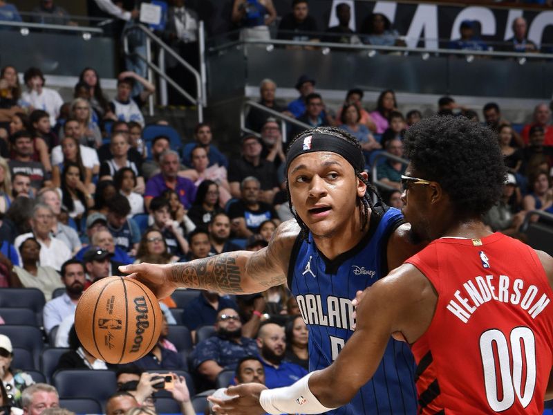 ORLANDO, FL - APRIL 1: Paolo Banchero #5 of the Orlando Magic drives to the basket during the game against the Portland Trail Blazers on April 1, 2024 at Kia Center in Orlando, Florida. NOTE TO USER: User expressly acknowledges and agrees that, by downloading and or using this photograph, User is consenting to the terms and conditions of the Getty Images License Agreement. Mandatory Copyright Notice: Copyright 2024 NBAE (Photo by Fernando Medina/NBAE via Getty Images)