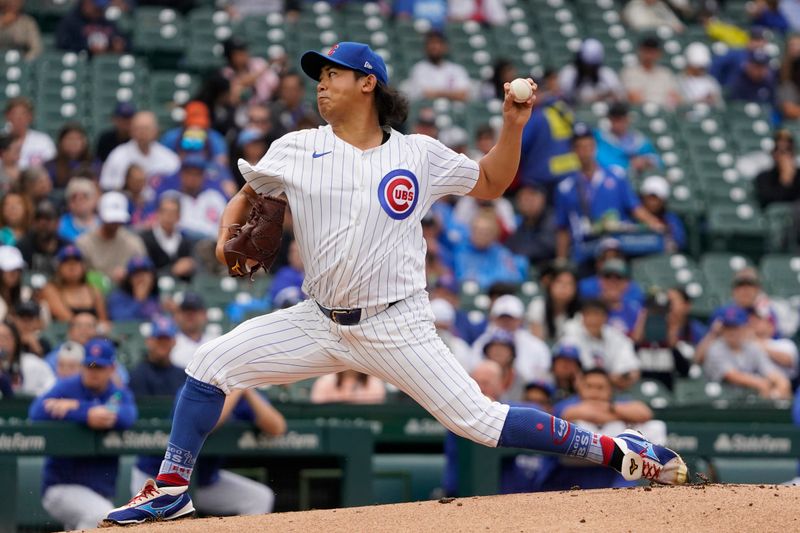 Sep 22, 2024; Chicago, Illinois, USA; Chicago Cubs pitcher Shota Imanaga (18) throws the ball against the Washington Nationals during the first inning at Wrigley Field. Mandatory Credit: David Banks-Imagn Images
