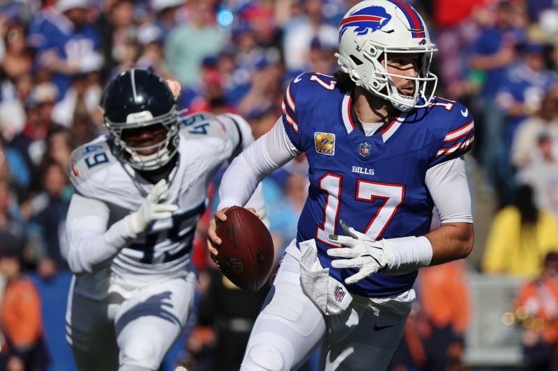 Buffalo Bills quarterback Josh Allen (17) runs out of the pocket during the first half of an NFL football game against the Tennessee Titans, Sunday, Oct. 20, 2024, in Orchard Park, N.Y. (AP Photo/Jeffrey T. Barnes)